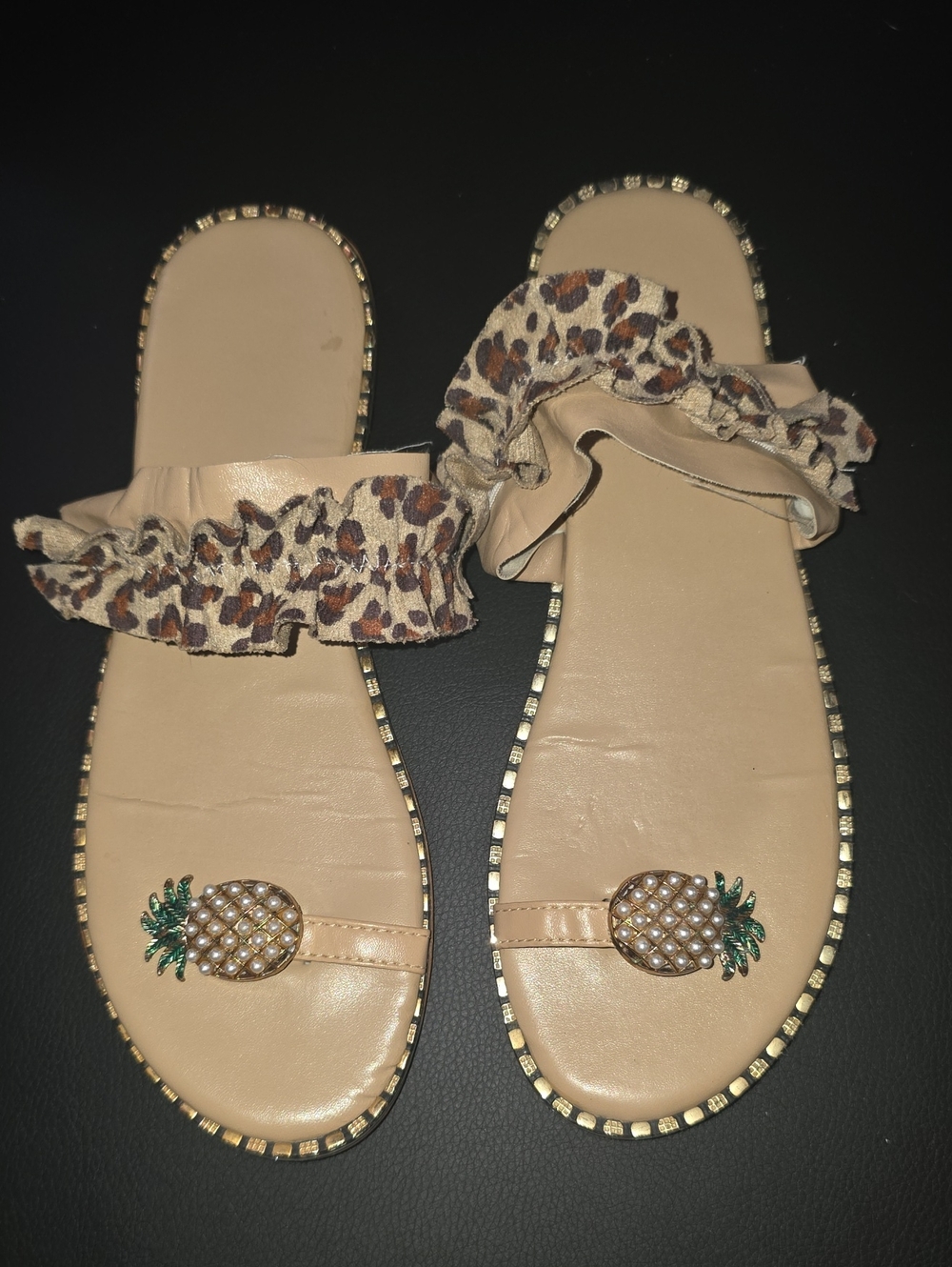 Women's Beige Slide Sandals with Leopard Ruffle and Pineapple Accent